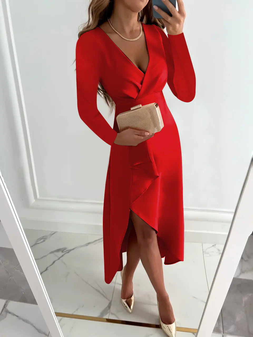 Women's Long-sleeved V-neck Pleated Split Dress in vibrant red, showcasing elegance and style, perfect for various occasions.